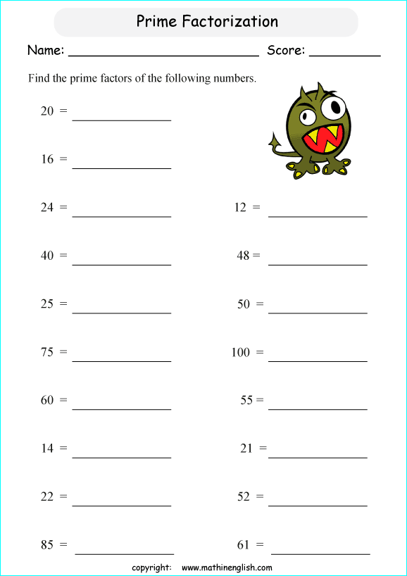 prime factorization worksheets for grade 1 to 6 