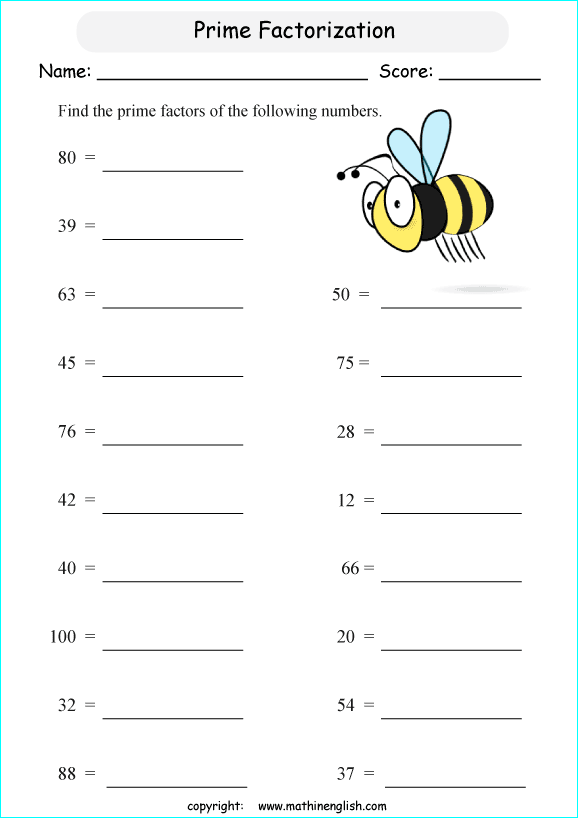 prime factorization worksheets for grade 1 to 6 