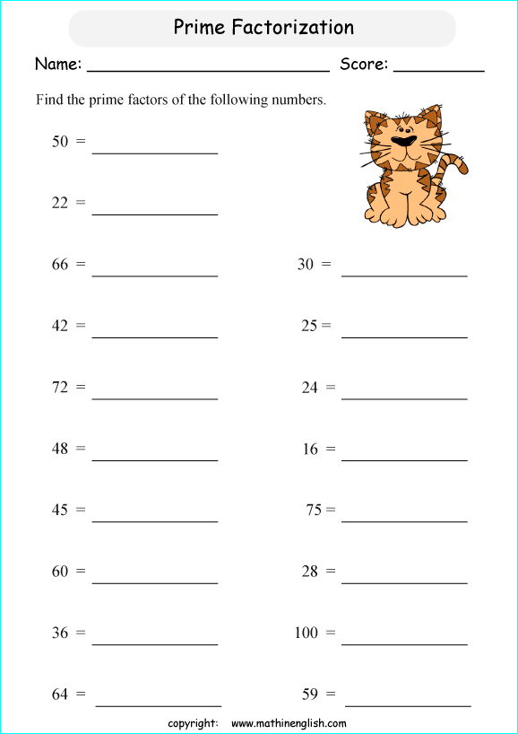 prime factorization worksheets for grade 1 to 6 