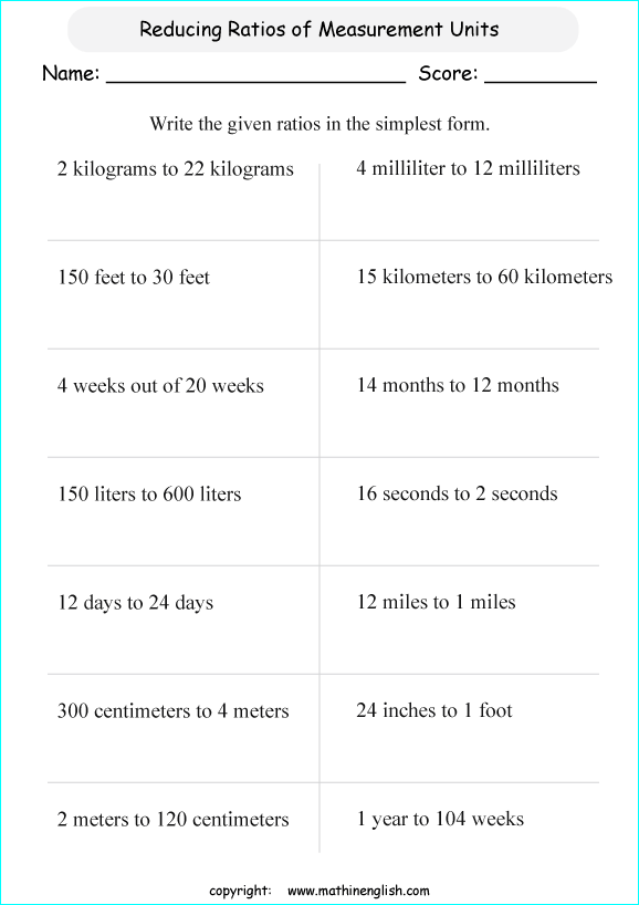 simplifying ratios math worksheets for grade 1 to 6 