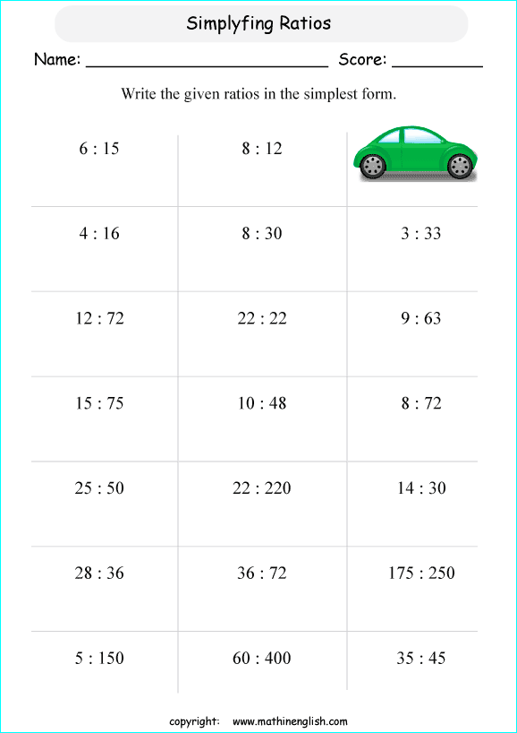 ratio in simplest form worksheet
 reducing ratios printable grade 11 math worksheet