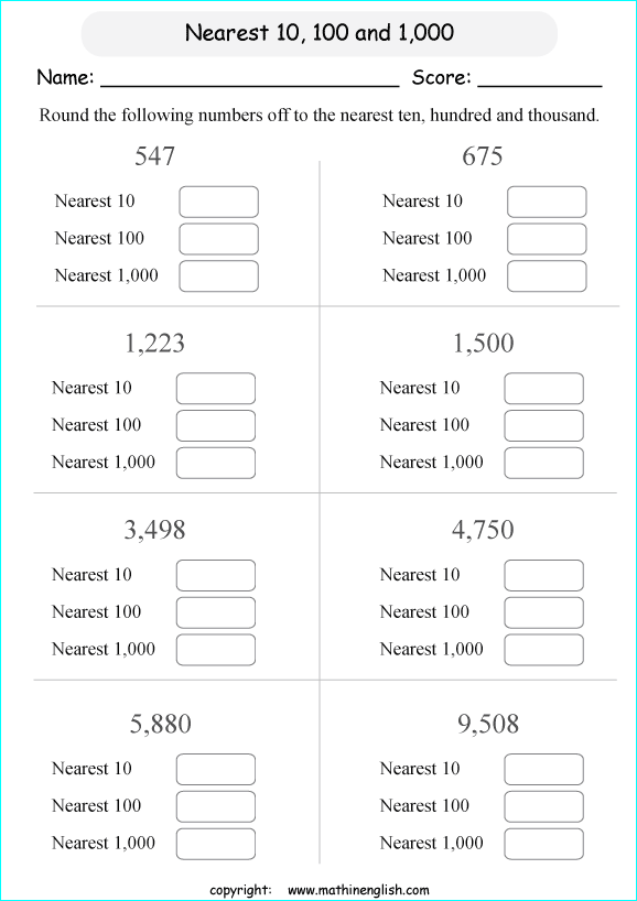 printable math rounding off the nearest 1,000 worksheets for kids in primary and elementary math class 