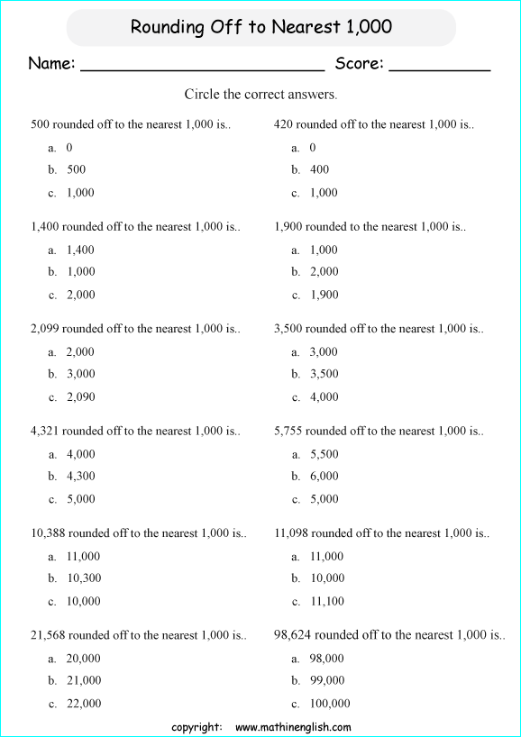 printable math rounding off the nearest 1,000 worksheets for kids in primary and elementary math class 