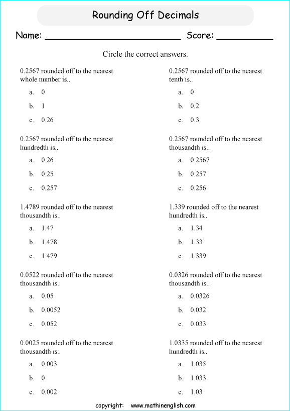 printable math rounding off decimals worksheets for kids in primary and elementary math class 