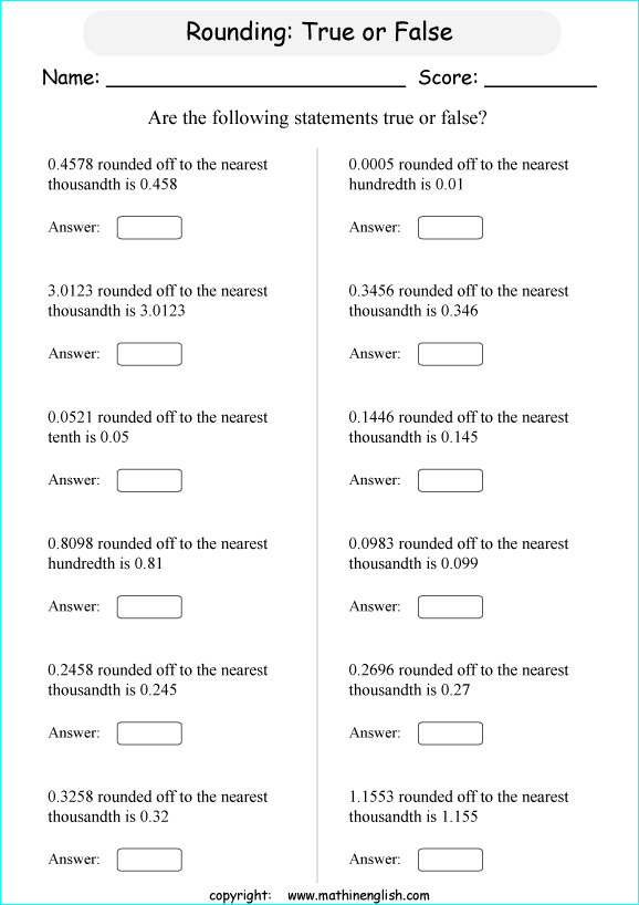 printable math rounding off decimals worksheets for kids in primary and elementary math class 