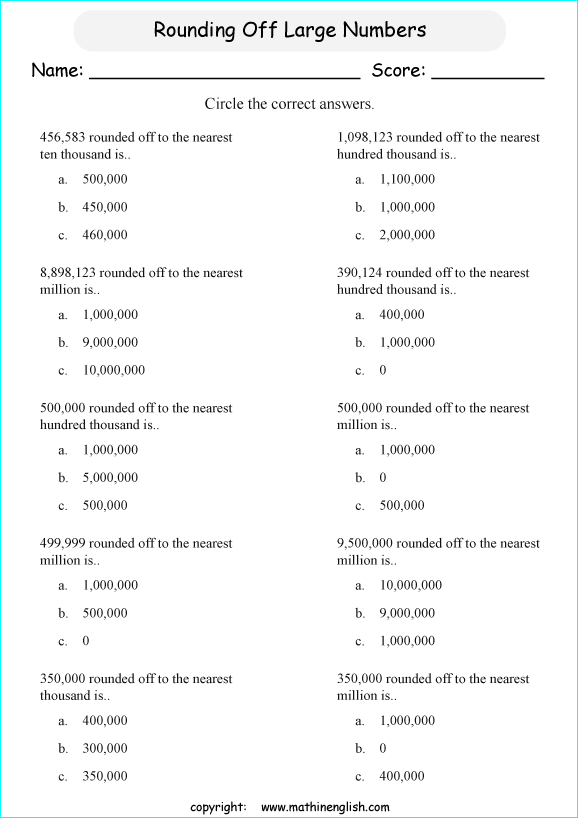 printable math rounding off big numbers worksheets for kids in primary and elementary math class 