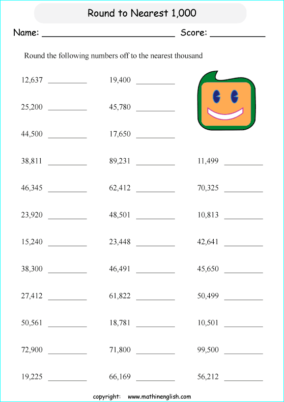 printable math rounding off the nearest 1,000 worksheets for kids in primary and elementary math class 