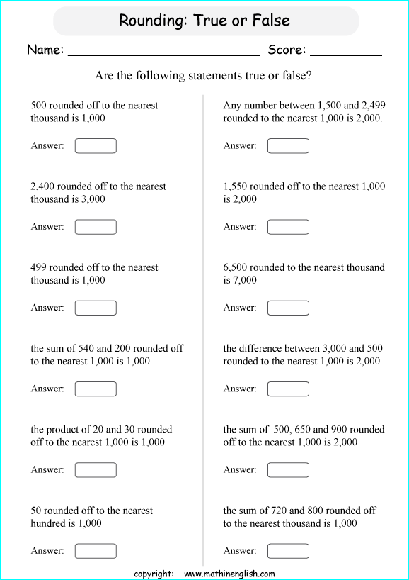 printable math rounding off the nearest 1,000 worksheets for kids in primary and elementary math class 