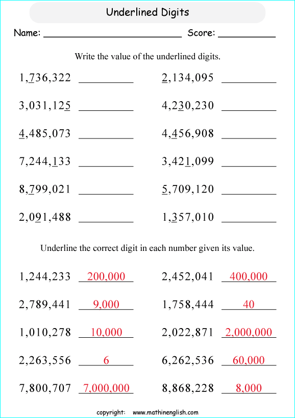printable math place value of big number worksheets for kids in primary and elementary math class 