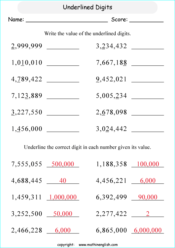 printable math place value of big number worksheets for kids in primary and elementary math class 