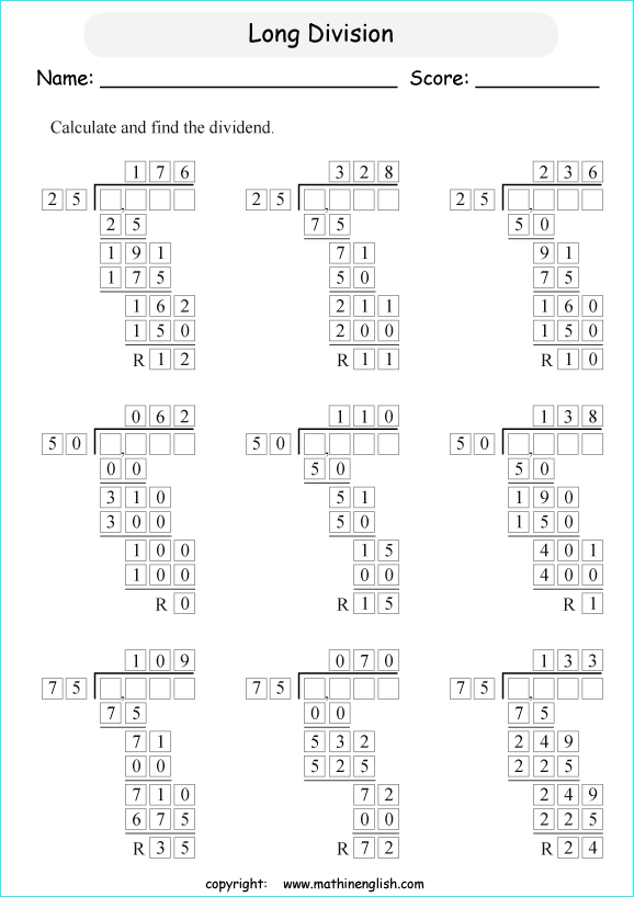 printable multiples of 10 and 25 easier long division worksheets for kids in primary and elementary math class 