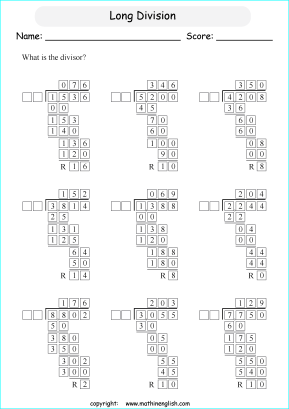 printable multiples big number long division worksheets for kids in primary and elementary math class 