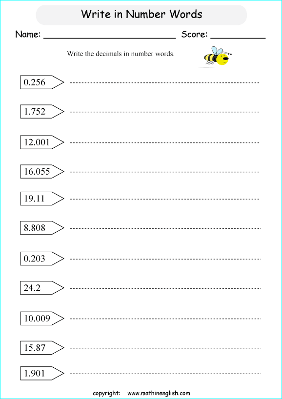 printable math writing decimal worksheets for kids in primary and elementary math class 