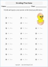 printable dividing fractions worksheets for kids in primary and elementary math class 