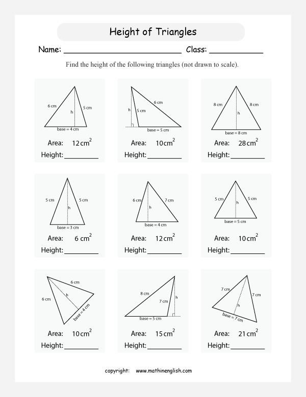 area and perimeter of triangles worksheets for primary math  