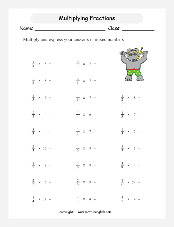 printable math multiplication of fractions worksheets for kids in primary and elementary math class 