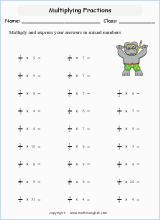 printable multiplying fractions worksheets for kids in primary and elementary math class 