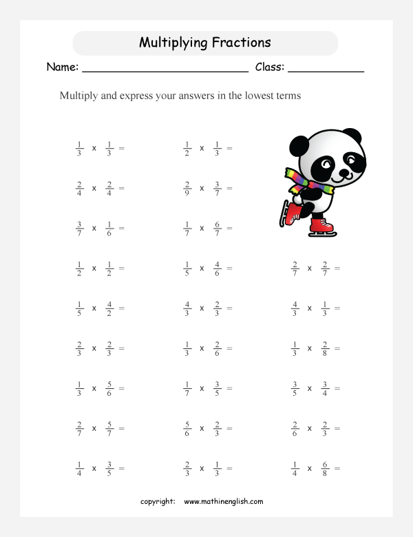 printable multiplying fractions worksheets for kids in primary and elementary math class 