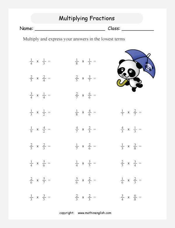 printable multiplying fractions worksheets for kids in primary and elementary math class 