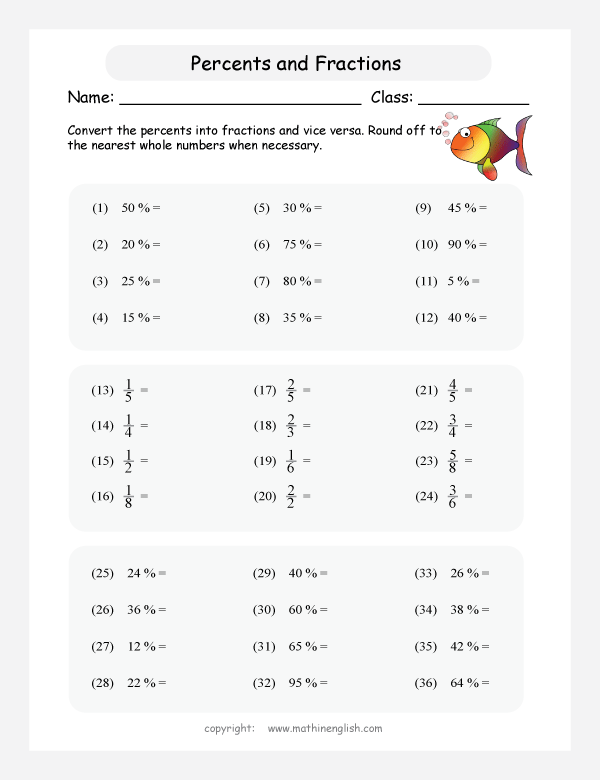 percentage  fractions conversion math worksheets for grade 1 to 6 