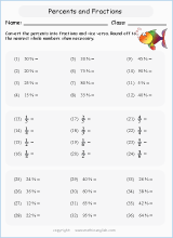 percentage  fractions conversion math worksheets for grade 1 to 6 