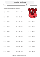 printable adding decimals worksheets for kids in primary and elementary math class 