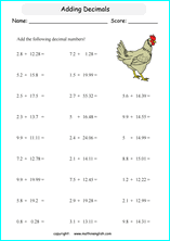 printable adding decimals worksheets for kids in primary and elementary math class 