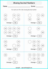 average of decimals calculations worksheets for grade 1 to 6 