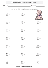 printable fraction conversion in percents worksheets for kids in primary and elementary math class 