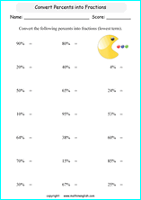 printable fraction conversion in percents worksheets for kids in primary and elementary math class 