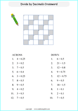 decimal crossword puzzle worksheets for grade 1 to 6 