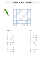 decimal crossword puzzle worksheets for grade 1 to 6 