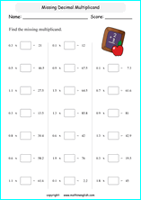 printable math multiplication of decimals worksheets for kids in primary and elementary math class 