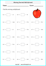 multiplying decimals grade 1 to 6 printable  worksheets 