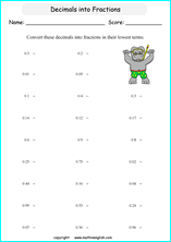 printable fraction conversion in decimals worksheets for kids in primary and elementary math class 