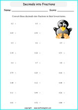 printable fraction conversion in decimals worksheets for kids in primary and elementary math class 