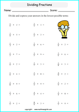 printable dividing fractions worksheets for kids in primary and elementary math class 