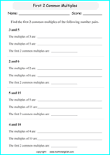 least common multiple LCM math worksheets for grade 1 to 6 