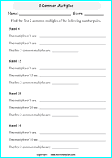 least common multiple LCM math worksheets for grade 1 to 6 