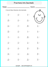 printable fraction conversion in decimals worksheets for kids in primary and elementary math class 