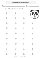 printable fraction conversion in decimals worksheets for kids in primary and elementary math class 