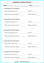 greatest common factor math worksheets for grade 1 to 6 