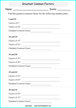 greatest common factor math worksheets for grade 1 to 6 