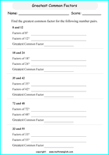 greatest common factor math worksheets for grade 1 to 6 