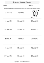 greatest common factor math worksheets for grade 1 to 6 