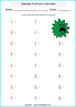 printable fraction conversion in decimals worksheets for kids in primary and elementary math class 