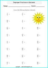 decimal into fractions worksheets for grade 1 to 6 