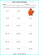 least common multiple LCM math worksheets for grade 1 to 6 