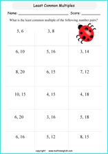 least common multiple LCM math worksheets for grade 1 to 6 