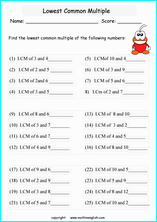 least common multiple LCM math worksheets for grade 1 to 6 